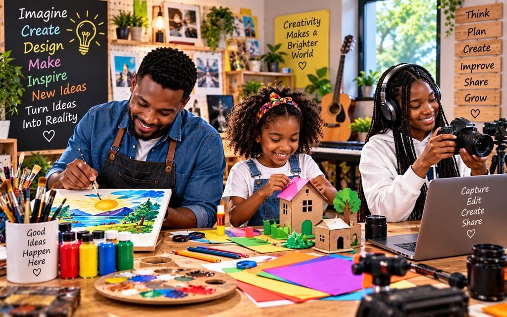 Creative projects, art materials, and ideas representing creativity and innovation