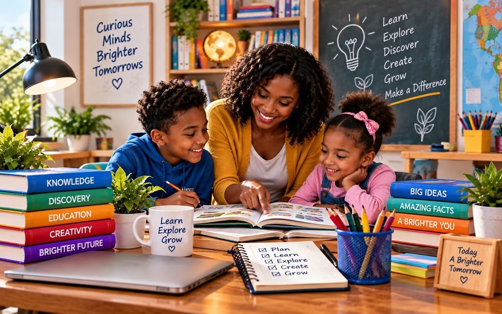 Adult helping two children with educational learning activities