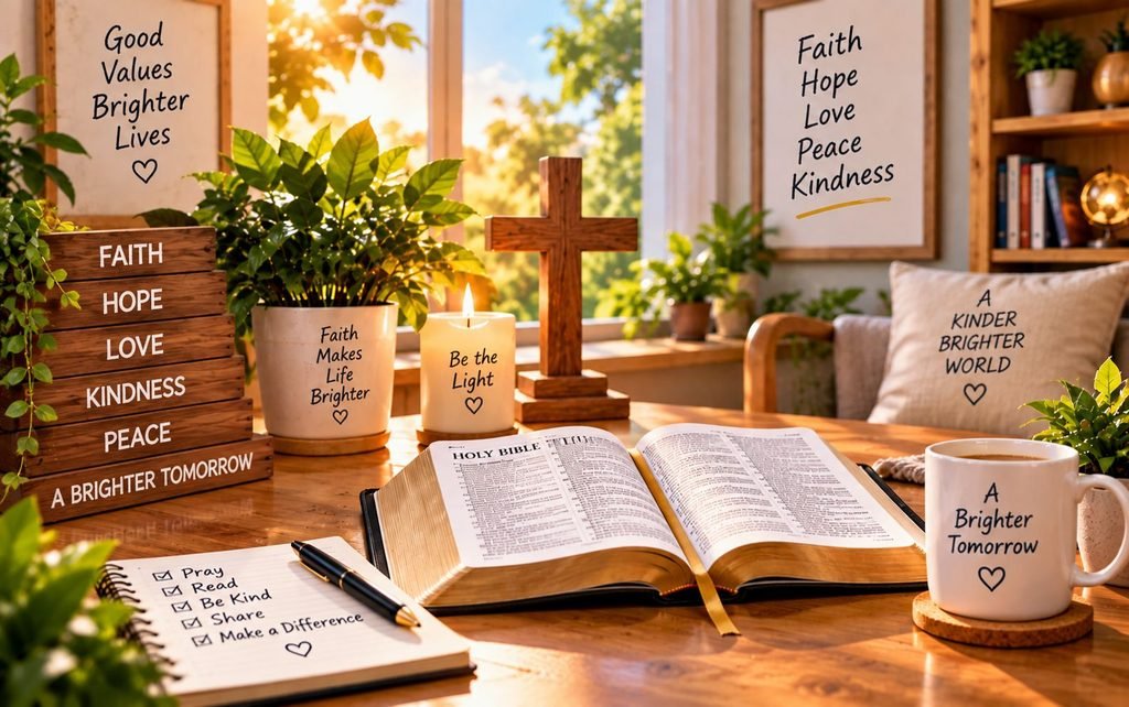 Bible, cross, and books representing Christian faith and inspiration