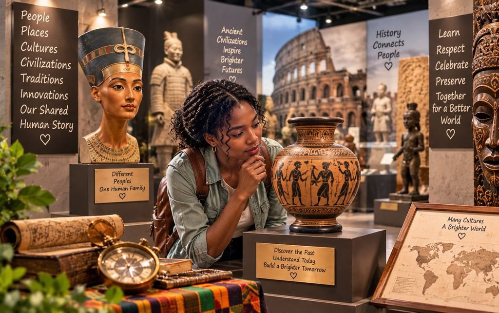 Historical artifacts and landmarks representing world history and discovery