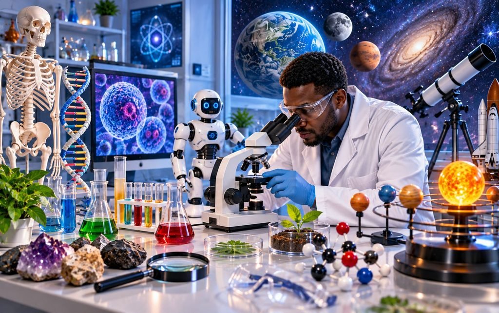 Science equipment, space, technology, and discoveries representing scientific exploration